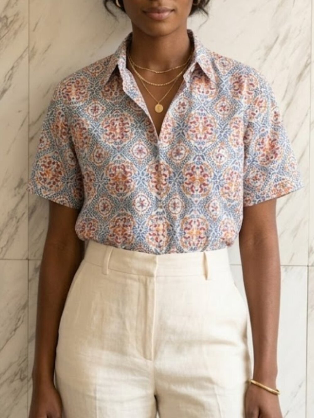 Anokhi Hand Block Print Batik Cotton Button Up Shirt SZ S